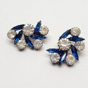 Juliana Style Rhinestone Clip Earrings Sapphire Blue Marquise Round Silver-Tone
